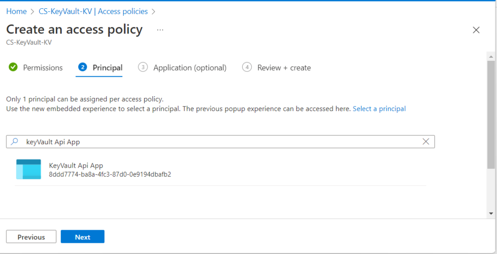 Azure Key Vault configuration in ASP.NET Core search for principal