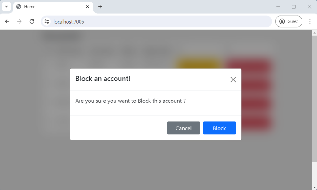 Creating a Blazor confirm dialog component block an account