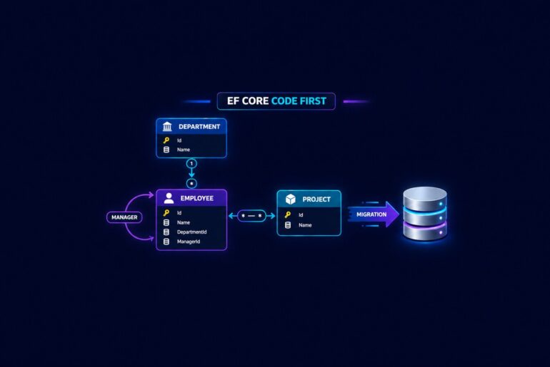 Entity Framework Code First Staff model with Department, Employee, Manager, Project, migration, and database relationships
