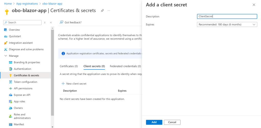 On Behalf Of Flow Entra ID Creating client secret for bob blazor app