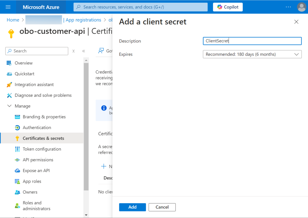 On Behalf Of Flow Entra ID Creating Client secret Customer API