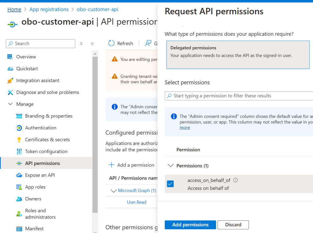 On Behalf Of Flow Entra ID grant access on behalf of permission to customer web api