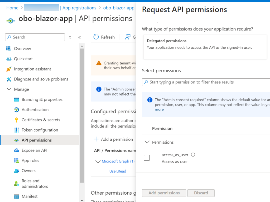 On Behalf Of Flow Entra ID granting access as user to blazor app
