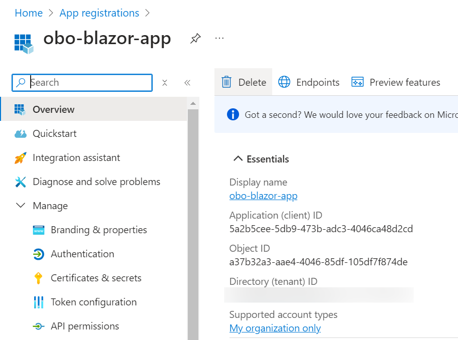 On Behalf Of Flow Entra ID Registered Blazor App in Entra ID