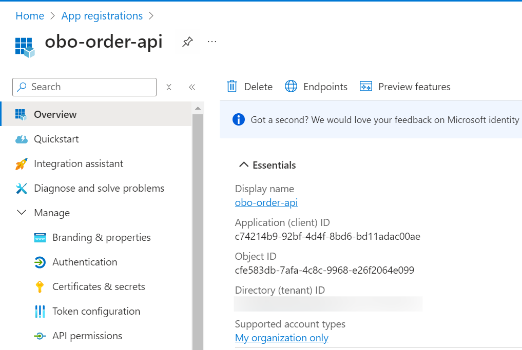 On Behalf Of Flow Entra ID registered order api in entra id
