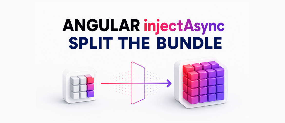 Angular 22 injectAsync diagram showing a heavy service split from the initial bundle and loaded asynchronously.