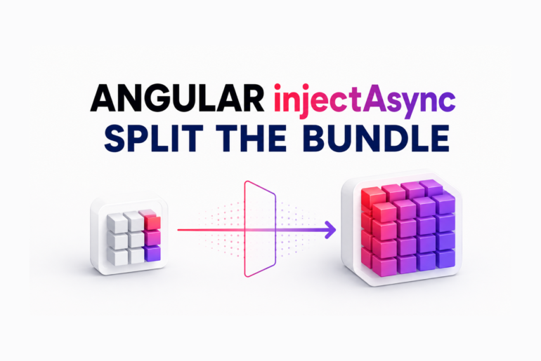 Angular 22 injectAsync diagram showing a heavy service split from the initial bundle and loaded asynchronously.