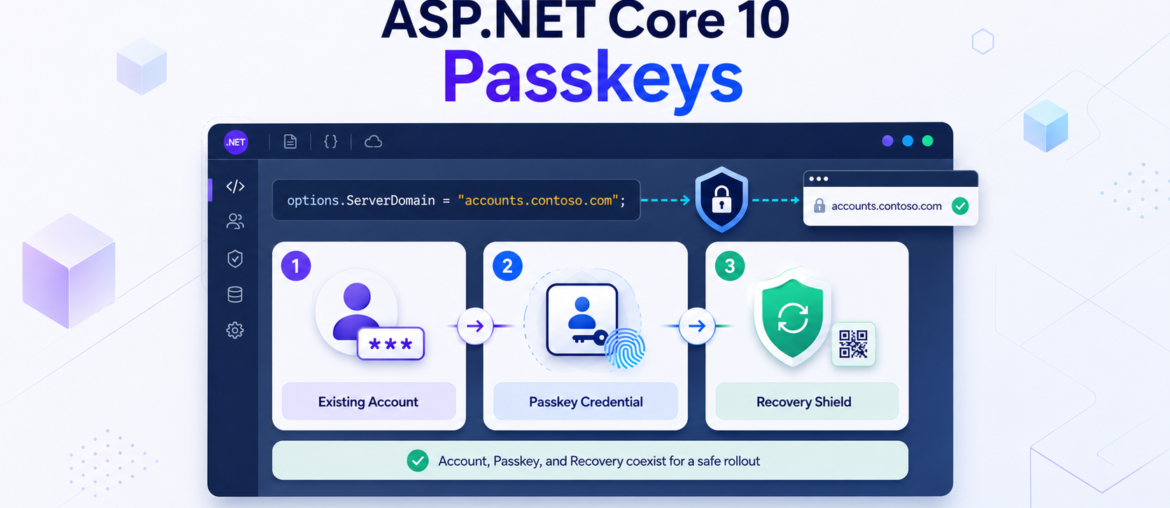 ASP.NET Core 10 passkeys rollout showing domain binding, an existing account, a passkey credential, and recovery