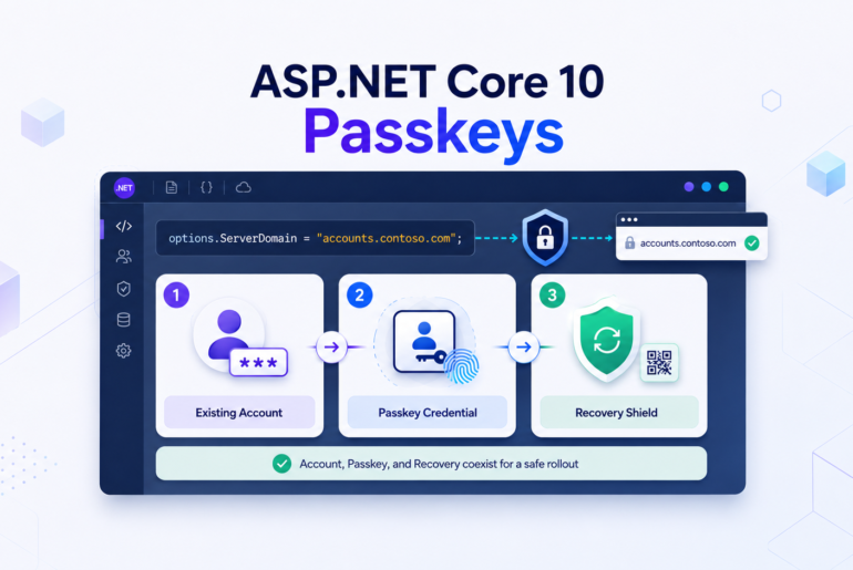 ASP.NET Core 10 passkeys rollout showing domain binding, an existing account, a passkey credential, and recovery
