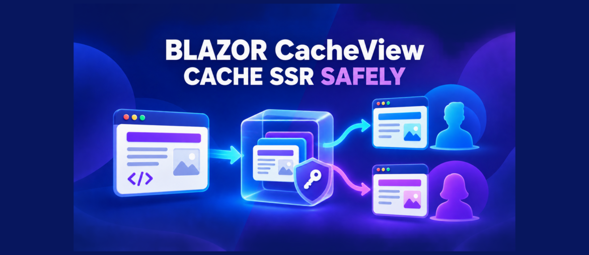.NET 11 Blazor CacheView diagram showing keyed static SSR caching that keeps rendered output separated between users.