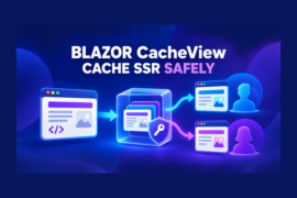 .NET 11 Blazor CacheView diagram showing keyed static SSR caching that keeps rendered output separated between users.