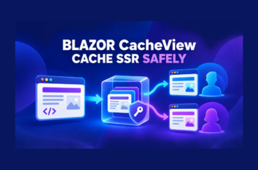 .NET 11 Blazor CacheView diagram showing keyed static SSR caching that keeps rendered output separated between users.