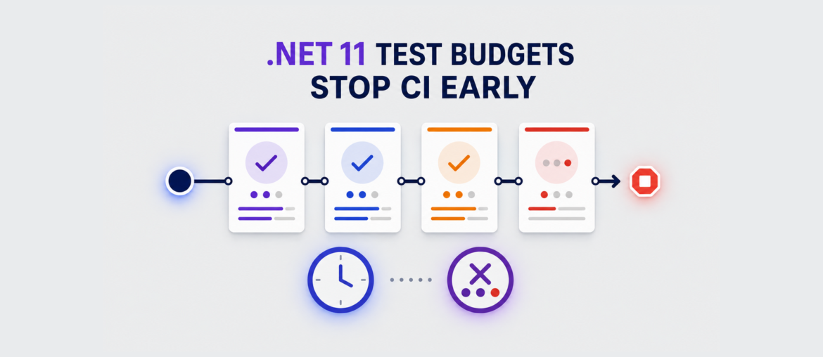 .NET 11 dotnet test budgets diagram showing a multi-project CI run stopping at timeout or failure limits.