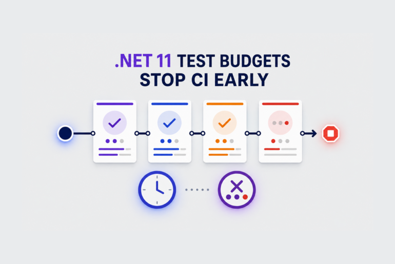 .NET 11 dotnet test budgets diagram showing a multi-project CI run stopping at timeout or failure limits.