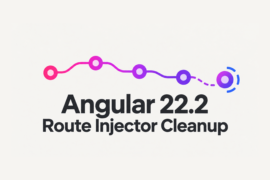 Angular 22.2 route injector cleanup visualized as a route path with a detached service node