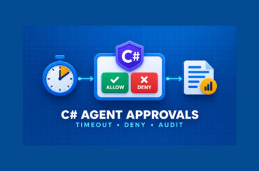 C# agent tool approval gate showing a timeout clock, allow and deny decisions, and an audit record