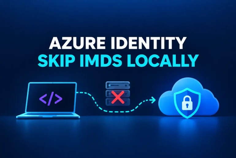 DefaultAzureCredential local timeout flow showing a local app bypassing IMDS while production authentication remains protected