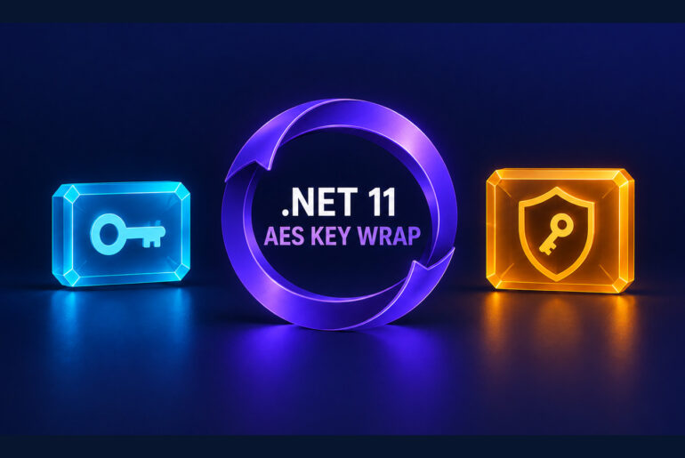 .NET 11 AES Key Wrap flow from a data key through an RFC 3394 wrapping ring to a protected wrapped key