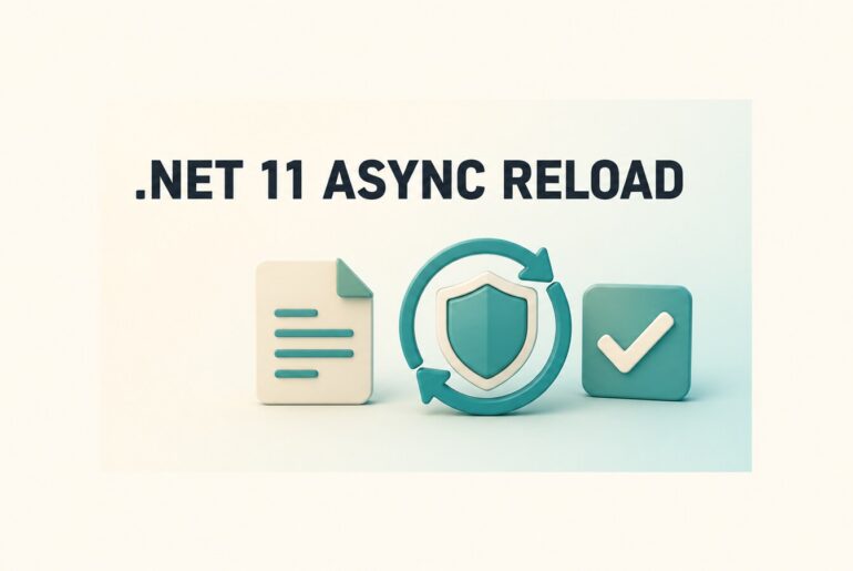 .NET 11 ChangeToken.OnChange async configuration reload shown as a protected refresh from a settings document to a validated state