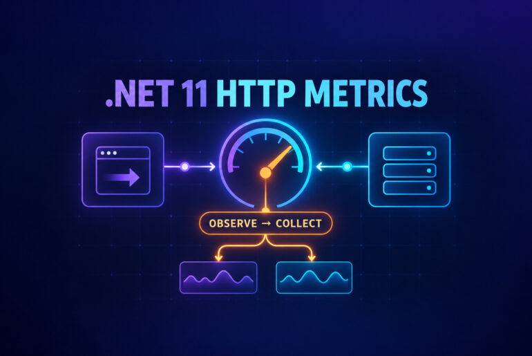 .NET 11 HTTP client and server metrics flowing through an observable MeterListener collection gauge