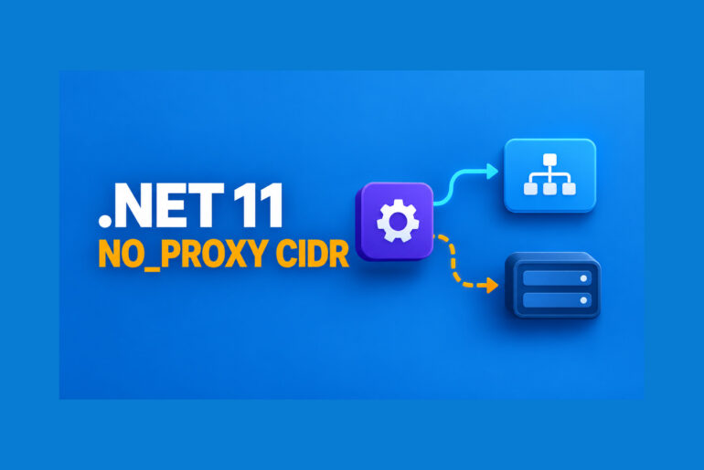 Diagram of a .NET 11 request bypassing a proxy for a NO_PROXY CIDR private subnet