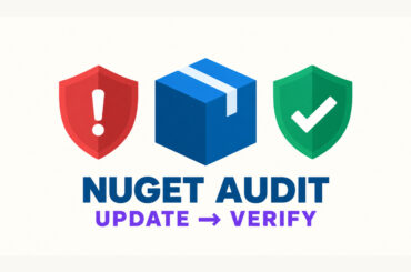 NuGet audit workflow showing a vulnerable package moving from a warning state to verified remediation