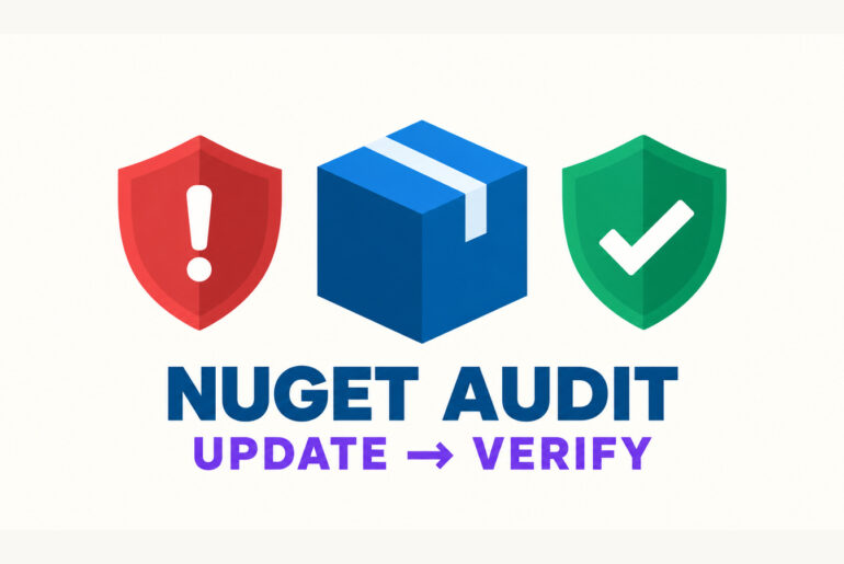NuGet audit workflow showing a vulnerable package moving from a warning state to verified remediation