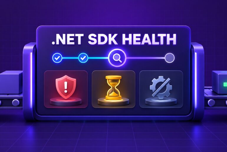 CheckSdkVulnerabilities .NET SDK health panel with CI indicators for vulnerable, end-of-life, and discontinued SDKs
