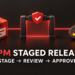 npm package moving through a staging gate to a separate approval key before release