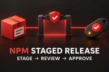 npm package moving through a staging gate to a separate approval key before release