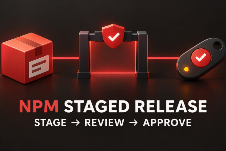 npm package moving through a staging gate to a separate approval key before release