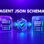 A JSON schema card passes through a validation shield into a typed C# result.