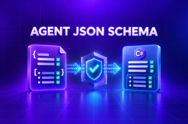 A JSON schema card passes through a validation shield into a typed C# result.