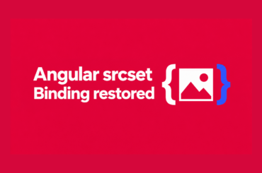 An image frame between binding braces on an Angular crimson background, illustrating restored custom srcset bindings.
