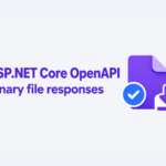 Violet file, blue verification badge and download arrow illustrating ASP.NET Core OpenAPI binary responses.