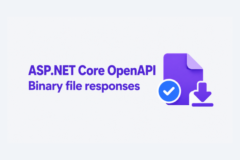 Violet file, blue verification badge and download arrow illustrating ASP.NET Core OpenAPI binary responses.