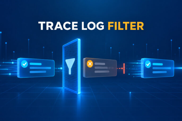 OpenTelemetry log events passing through an Azure blue trace sampling filter while one unsampled log is stopped.