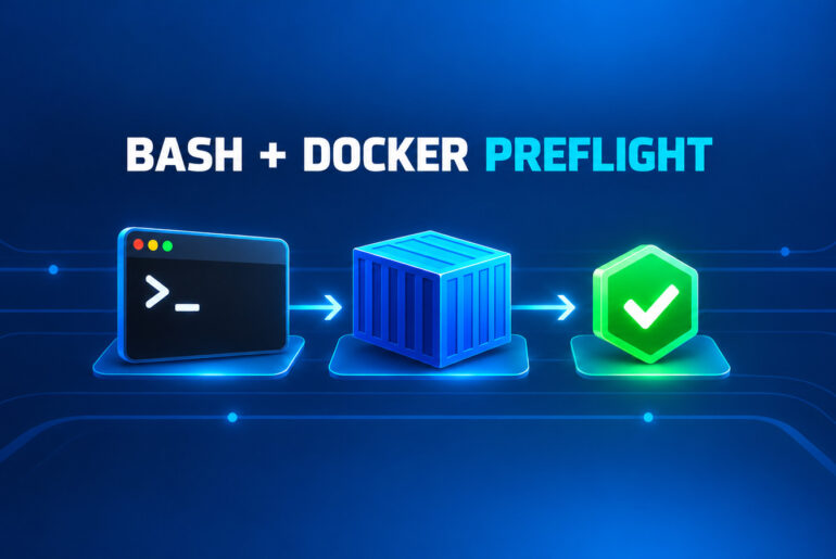 Azure pipeline flow from a Bash terminal through a Docker container to a successful preflight gate.
