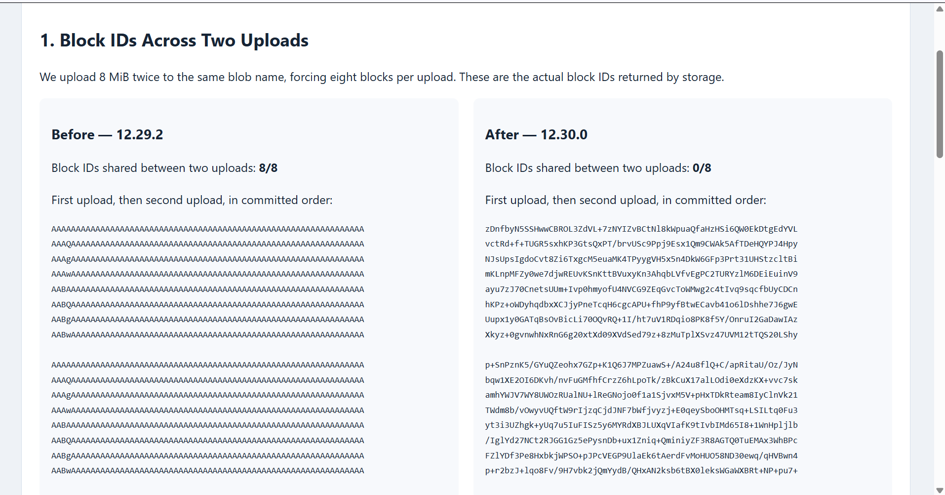 Azure Blob SDK 12.30: Block IDs, Resume and Download Memory Repeated uploads: eight shared IDs with 12.29.2 and zero with 12.30.0, while file contents remain intact.