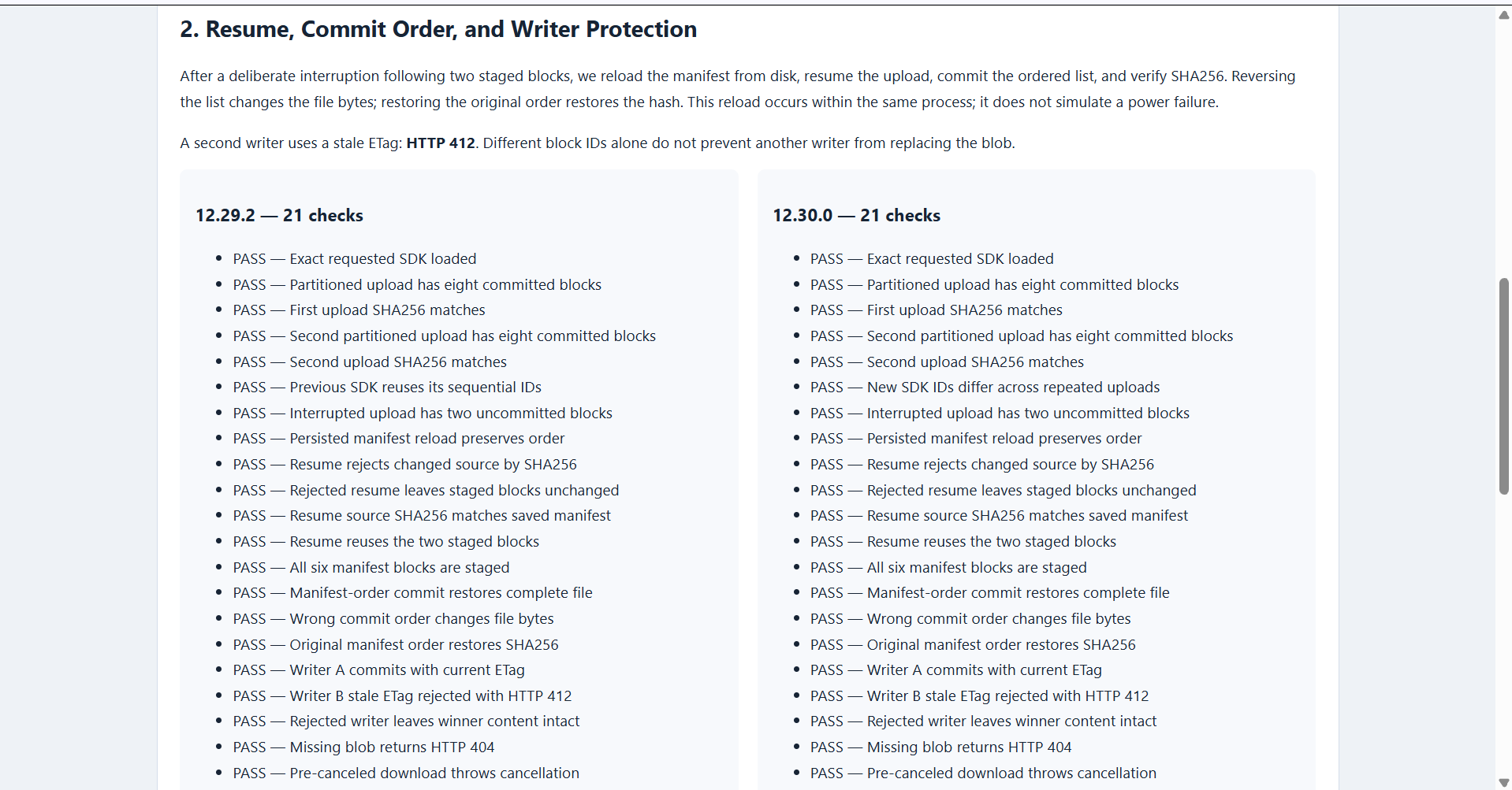 Azure Blob SDK 12.30: Block IDs, Resume and Download Memory Resume and commit checks: saved order preserves bytes, changed source is rejected, and a stale ETag cannot replace the winning writer.