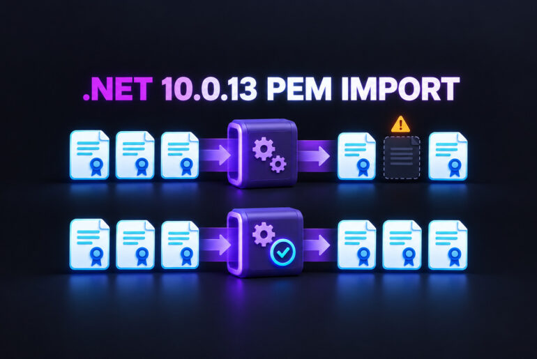 .NET 10.0.13 PEM import comparison showing one certificate lost on the raw path and all three restored by a guarded import.