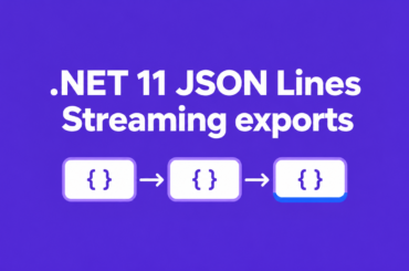 Three JSON record cards flowing in sequence on a .NET violet background, illustrating incremental JSON Lines exports.