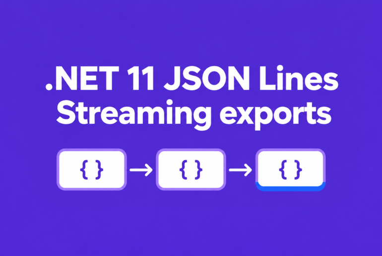 Three JSON record cards flowing in sequence on a .NET violet background, illustrating incremental JSON Lines exports.
