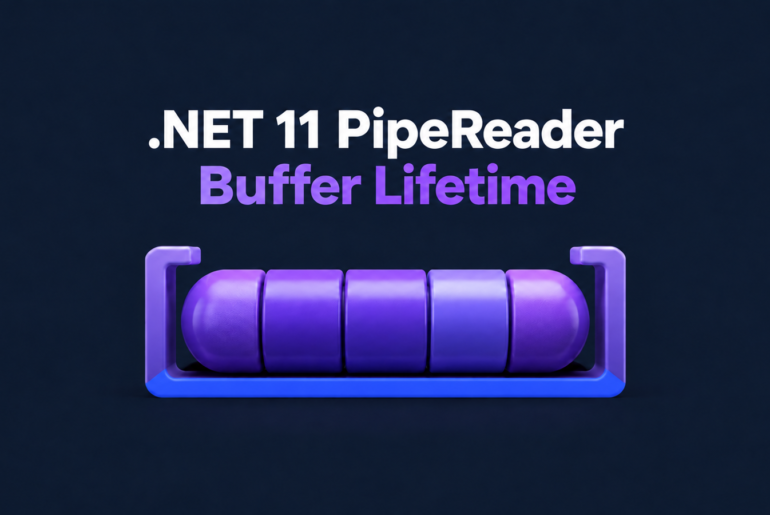 Purple segmented memory retained in a bracket: .NET 11 PipeReader buffer lifetime.