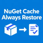 NuGet cache packages flow into a checked restore document on an Azure blue background.