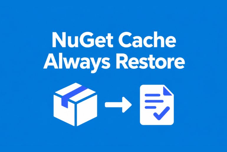 NuGet cache packages flow into a checked restore document on an Azure blue background.