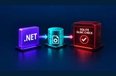 A .NET application and SQLite native library passing through a glibc compatibility check before an enterprise Linux deployment.