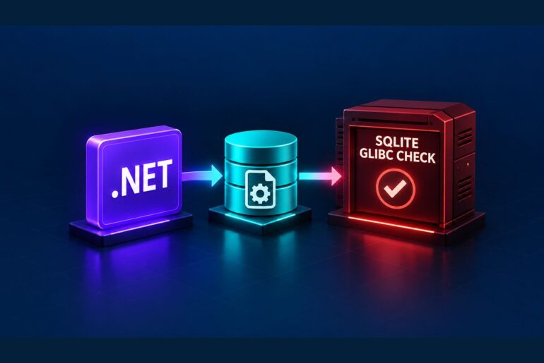 A .NET application and SQLite native library passing through a glibc compatibility check before an enterprise Linux deployment.