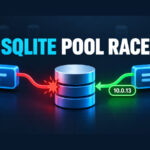 Two managed SQLite connections converge on one pooled database handle, with a red race path and a green 10.0.13 corrected path.