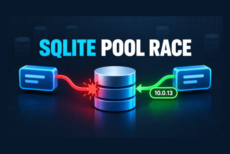 Two managed SQLite connections converge on one pooled database handle, with a red race path and a green 10.0.13 corrected path.